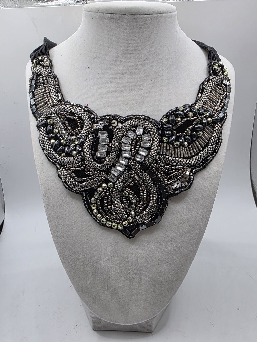 Boho Beaded Statement Collar Necklace Silver Gunmetal Rhinestone Sequin Ribbon
